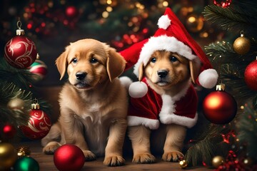 Create an image of a cheerful puppy wearing a Santa Claus costume and surrounded by colorful Christmas ornaments