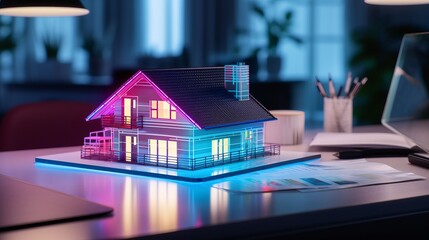 a concept holo 3d render model of a small living house on a table in a real estate agency. signing mortgage contract document and demonstrating. futuristic business. blurry background 