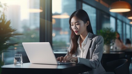 Young asian business woman using digita tablet and working on laptop computer at modern office. 