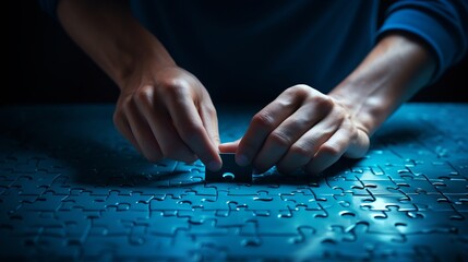 Completing blue jigsaw puzzles with the last piece on light leaked hole gap in dark room by hand background. Business success strategic solutions and problem solving challenge - obrazy, fototapety, plakaty