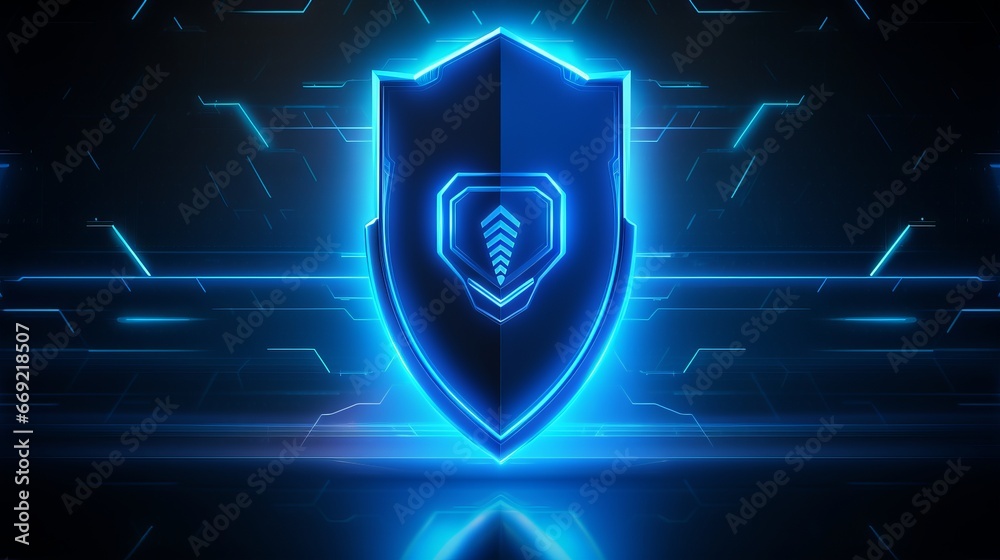 Wall mural futuristic cyber security shield guard blue abstract digital glowing background. hacking technology 