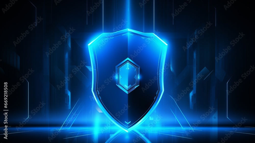 Wall mural futuristic cyber security shield guard blue abstract digital glowing background. hacking technology 