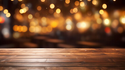 empty wooden table with blurry bar background