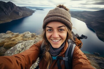 Fototapeta na wymiar Photo of woman taking selfie on top of mountains with happy face generative ai