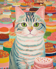 The Purr-fect Party: A Whimsical Painting of a Cat Celebrating with Cake and Confetti