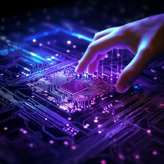 Artificial intelligence AI brain circuit board in shape electronic PCB circuit icon symbol businessman hand touching cyberpunk blue purple violet neon cyberspace innovative technology Machine learning