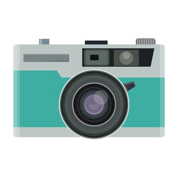 Vector illustration of simple retro camera in flat style on green background. Old analog camera with a round lens. Flat design vector illustration. Vintage Camera image. Icon, logo, t-shirt