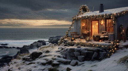 A snowy Christmas in Ireland, the outside of a small Irish house, decorated for Christmas, on a...