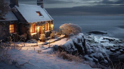 A snowy Christmas in Ireland, the outside of a small Irish house, decorated for Christmas, on a cliff overlooking the sea - obrazy, fototapety, plakaty