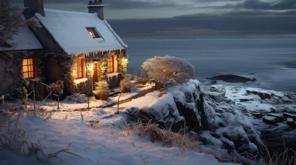 Fototapeten A snowy Christmas in Ireland, the outside of a small Irish house, decorated for Christmas, on a cliff overlooking the sea © medienvirus