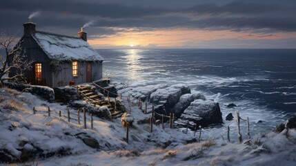 A snowy Christmas in Ireland, the outside of a small Irish house, decorated for Christmas, on a cliff overlooking the sea