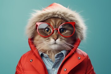 A fashionable cat with glasses and a red jacket with a hood. The concept of humanization of animals. 