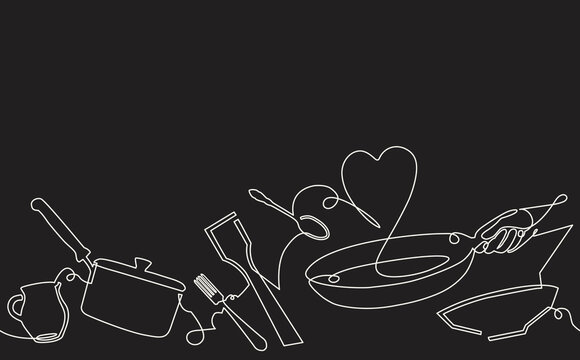 Background with Cooking Process. Continuous line drawing with Utensils. Culinary pattern. Vector graphic design.