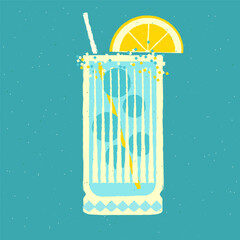 Mocktail with lemon. Cool drink with gin tonic and ice balls. Vector illustration with texture and noise in retro style. Elegant glass beverage with straw. Alcohol cocktail tropical. Glass design - obrazy, fototapety, plakaty