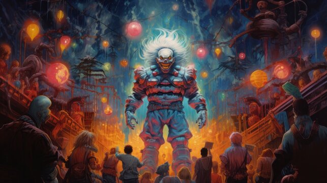 award winning Japanese vintage poster for halloween, detail from the world of final fantasy VII, somewhere hidden in this image is a Clown, neon lights, imagined as a fromsoftware final bo