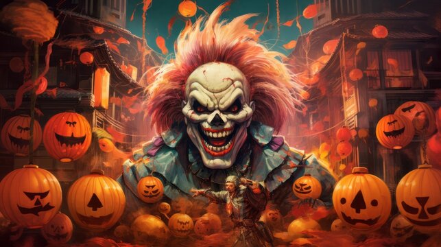 award winning Japanese vintage poster for halloween, detail from the world of final fantasy VII, somewhere hidden in this image is Pennywise the Clown, neon lights, imagined as a fromsoftware final bo