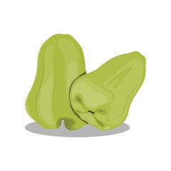 Water apple set design in vector flat style. Red and green exotic fruit. Whole and slice agriculture healthy product. Farming asian sweet fruit icon, logo, for template packing. Isolated on white