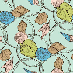 Sea shell decorative seamless abstract vector pattern. Summer beach holiday, ocean scuba diving, snorkeling theme for textile print, fabric design, wallpaper background, wrapping paper, trendy fashion