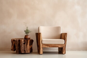 Close up photo fabric lounge chair and wood stum generative ai