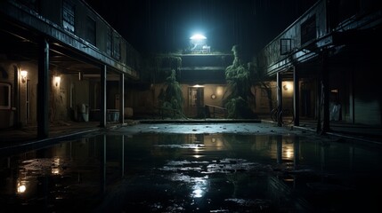 an abandoned outside swimming pool at night