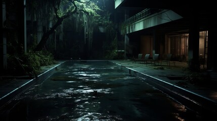 an abandoned outside swimming pool at night