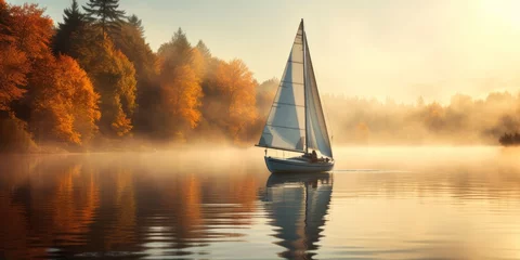 Stoff pro Meter a picture of a sailboat on a misty dawn lake, beatiful autumn scenario © medienvirus