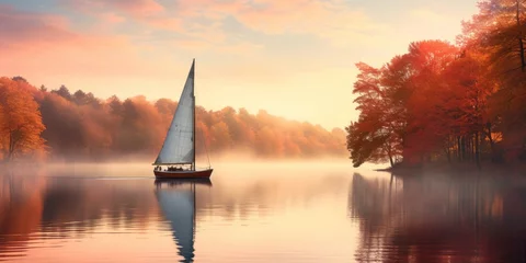 Rolgordijnen a picture of a sailboat on a misty dawn lake, beatiful autumn scenario © medienvirus