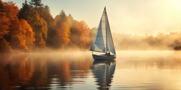 a picture of a sailboat on a misty dawn lake, beatiful autumn scenario