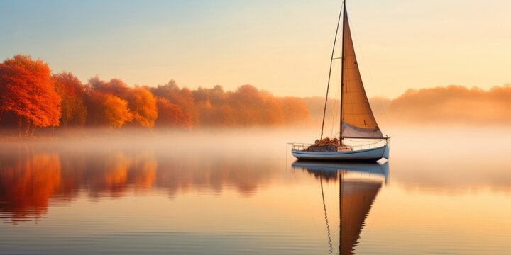 a picture of a sailboat on a misty dawn lake, beatiful autumn scenario