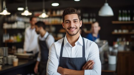 Fototapeta premium Smiling, young and attractive salesman, cashier serving customers