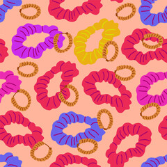 Vector seamless pattern with silk scrunchy and golden earrings on pink beige background. Vector illustration