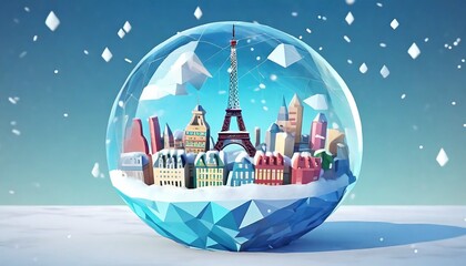 Low poly illustration of Paris, France. City is inside a snow ball. White and blue background