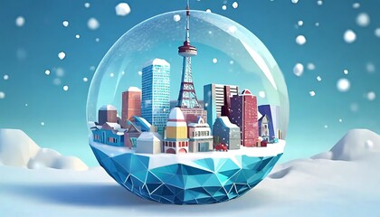 Low poly illustration of Tokyo, Japan. City is inside a snow ball. White and blue background