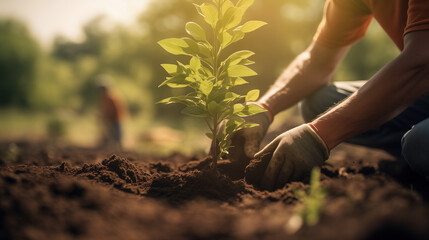 Person planting trees or working in community garden promoting local food production and habitat restoration, concept of Sustainability and Community Engagemen