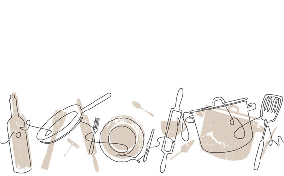 Background with Cooking Process. Continuous line drawing with Utensils. Culinary pattern that repeat horizontally. Vector graphic design.