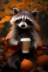 raccoon drinking a pumpkin spice latte