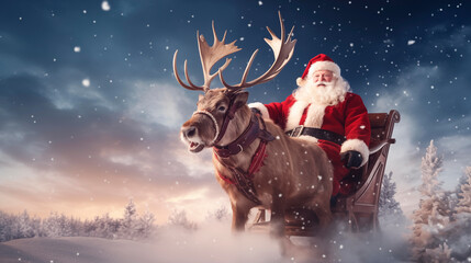 Santa Claus riding a sleigh with reindeer against snowy landscape - obrazy, fototapety, plakaty