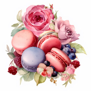 Macaroons with flowers decor. Watercolor style. AI