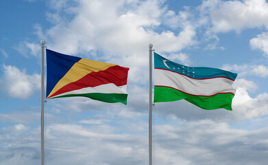 Uzbekistan and Seychelles flags, country relationship concept