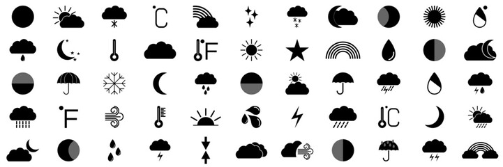 Weather line icons set. Sun, rain, thunder storm, dew, wind, snow cloud, night sky minimal vector illustrations - obrazy, fototapety, plakaty