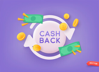 Cash back service, financial payment label.3D Web Vector Illustrations.
