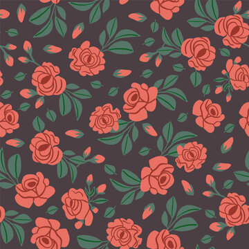 Vintage pattern with red roses and leaves on brown background. Retro flowers pattern. Vector illustration