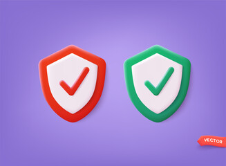 Correct, incorrect sign. Right and wrong mark icon set. Green tick and red cross on a shield. 3D Web Vector Illustrations.