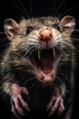 Aggressive rat on dark background. Rodents are carriers of diseases. Dangerous mouse with snarling mouth