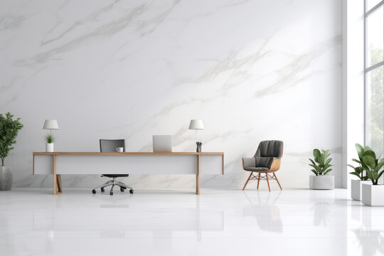 Open space office interior with white walls. Workplace in modern elegant office