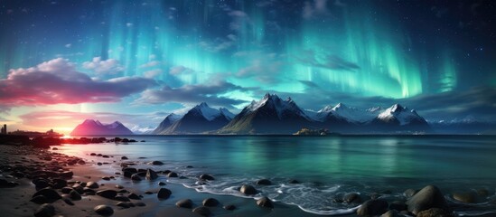View of turquoise aurora shining in the evening sky over mountains with sandy beaches. background. soft light