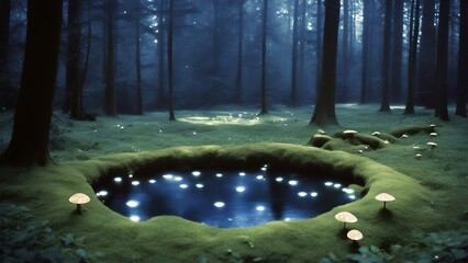 forest in the morning _A magical forest with a fairy ring in the clearing. The fairy ring is made of glowing mushrooms 