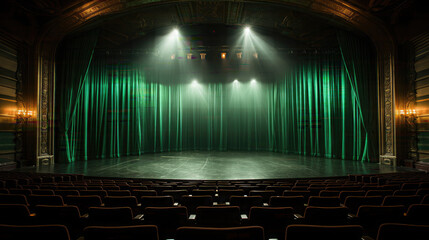 Empty theater stage with green Velvet Curtains and wooden floor. With a spotlight on the stage