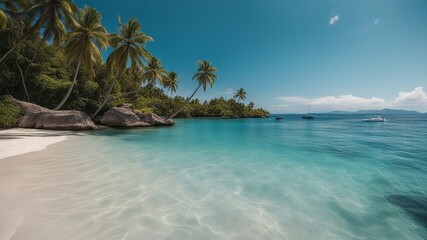 Fototapeta na wymiar beach with palm trees _A seascape with blue water and waves. The water is clear and sparkling 