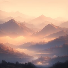 Foggy mountains in the anime style at sunset chill design with clean designs